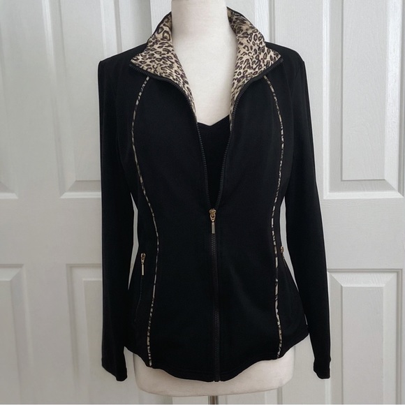 Black Zip-Up Athletic Jacket w/Leopard Trim by NEIMAN MARCUS - Picture 3 of 15